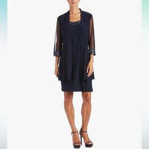 Navy Dress with Sheer Overlay